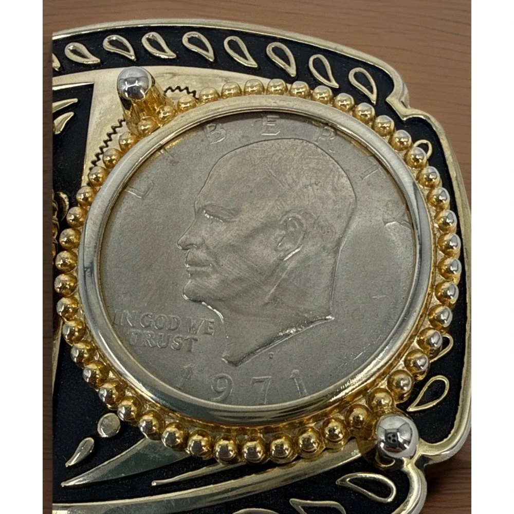 1971 Double Eisenhower Dollar Western Belt Buckle Black And Gold Design 4.5x3